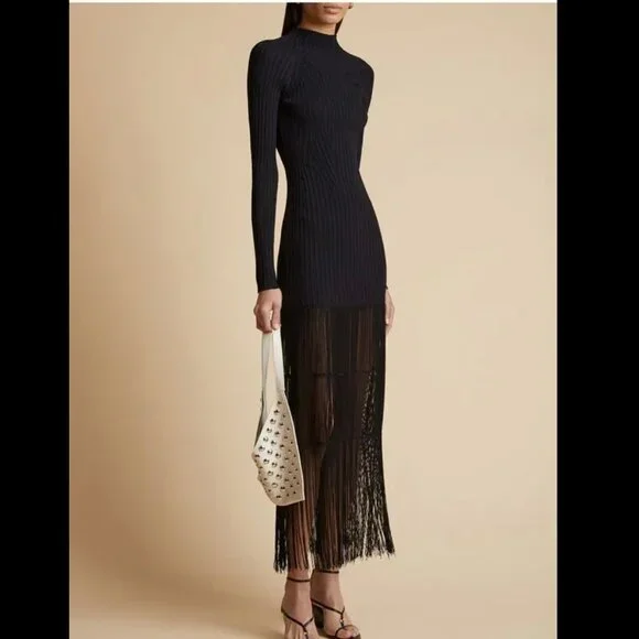 Khaite Cedar Fitted Rib Maxi Midi Dress Mock Fringe Black Small, worn once $2400 - Picture 1 of 8